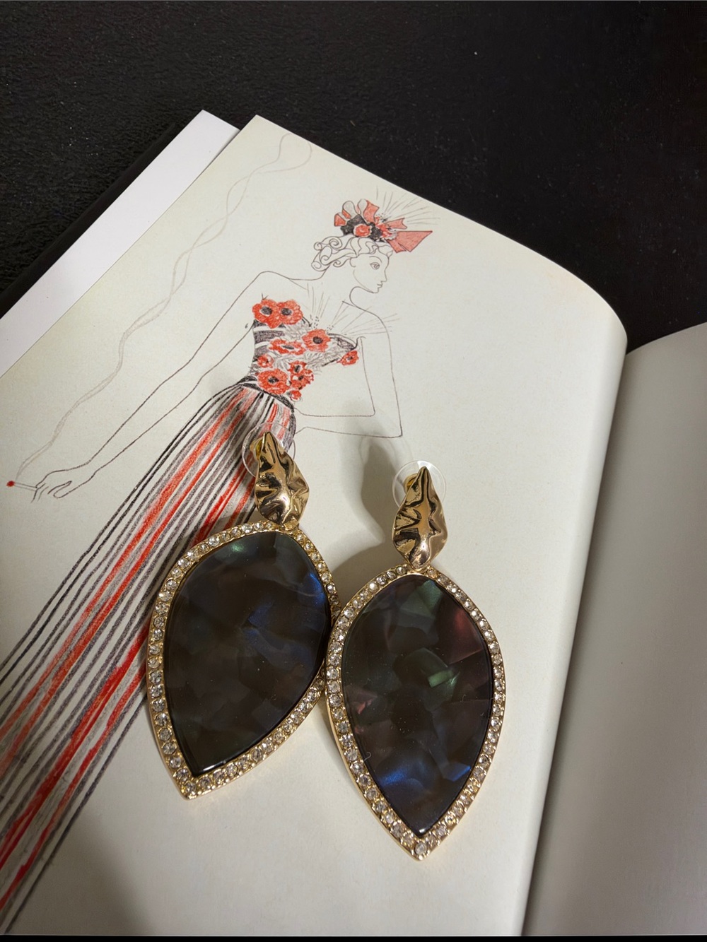 Gold Teardrop Iridescent Abalone Rhinestone Statement Earrings - Women Jewelry